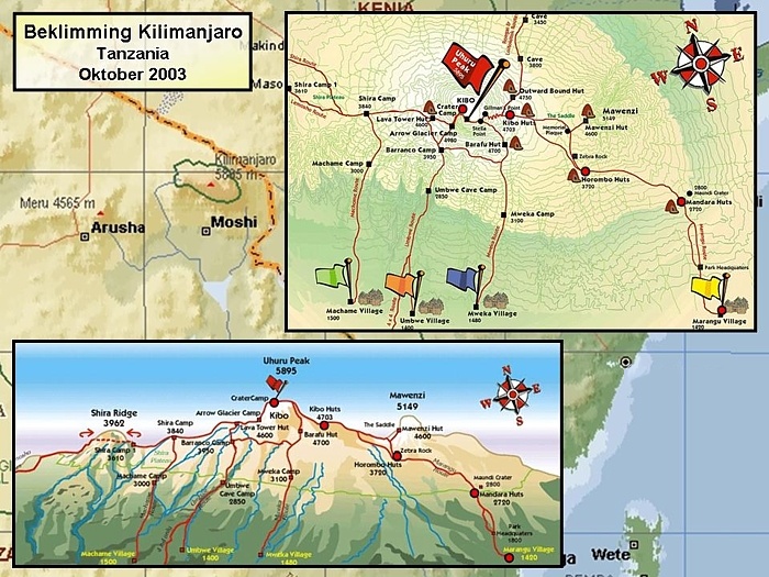 Route trekking Kilimanjaro - Dag 1 : Marangu (1420m) - Mandara hutten (2720m)<br />
- Dag 2 : Mandara hutten (2720m) - Horombo hutten (3720)<br />
- Dag 3 : Horombo hutten (3720) - Zebra Rock<br />
- Dag 4 : Horombo hutten (3720) - Kibo hutten (4703m)<br />
- Dag 5 : Kibo hutten (4703m) - Uhuru Peak (5895m) - Kibo hutten (4703m) - Horombo hutten (3720)<br />
- Dag 6 : Horombo hutten (3720) - Mandara hutten (2720m) - Marangu (1420m) Stefan Cruysberghs